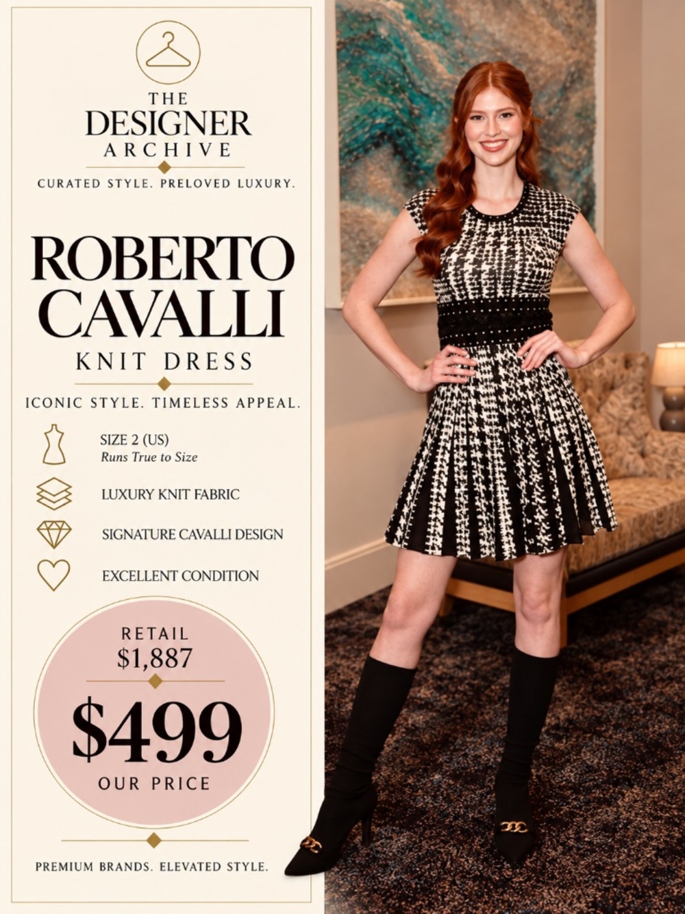 Roberto Cavalli Houndstooth Flared Dress | Black & White Metallic | Size 38